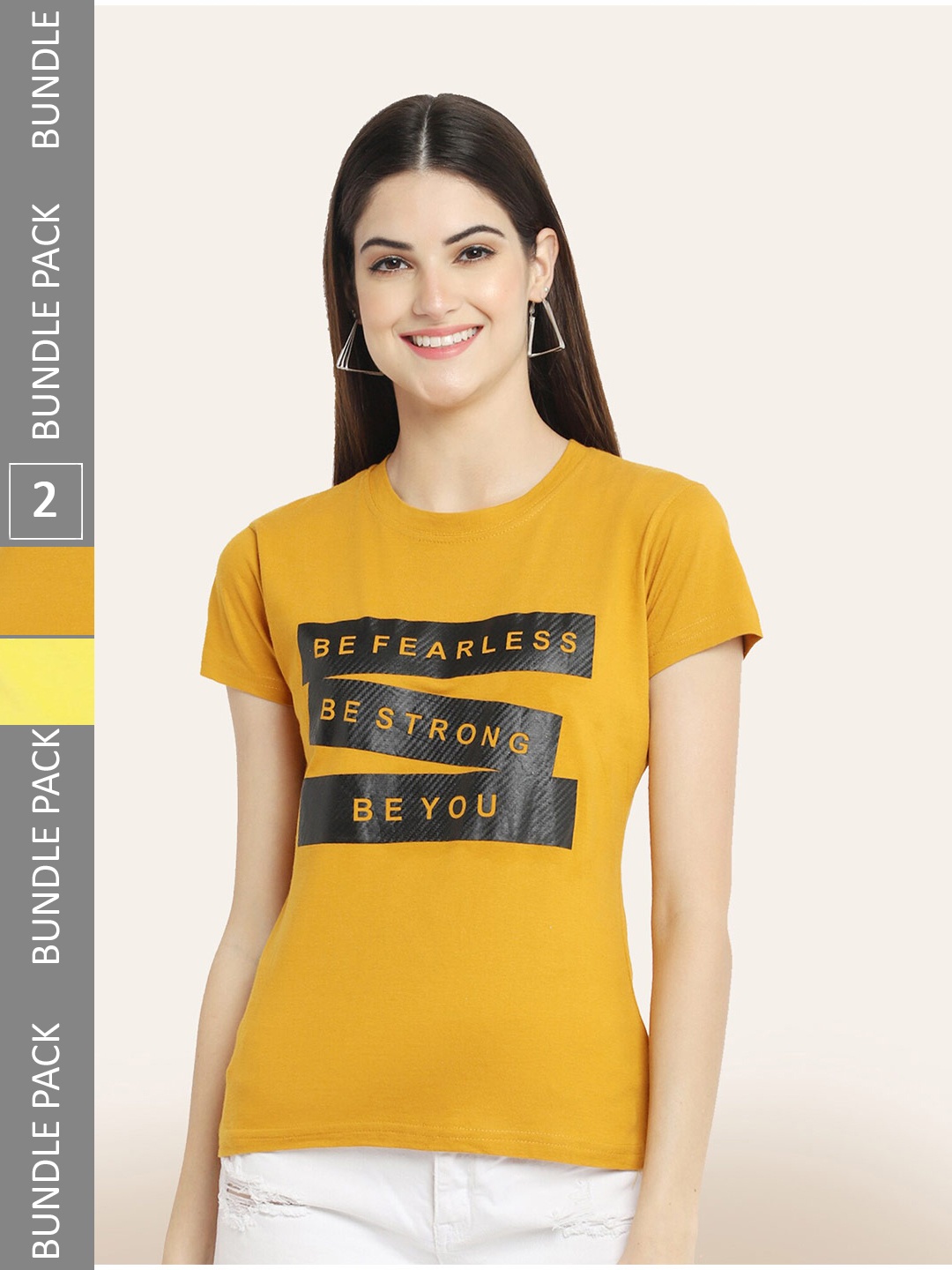 BAESD Pack Of 2 Typography Printed Cotton T-shirts, Mustard