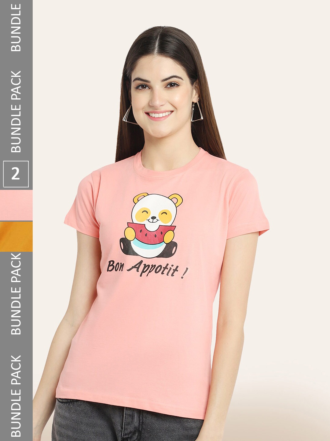 

BAESD Pack Of 2 Printed Cotton T-shirts, Peach