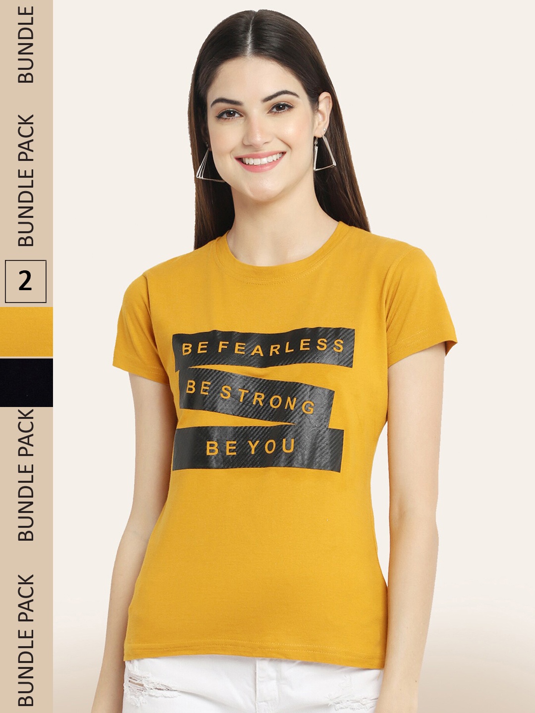 

BAESD Pack of 2 Typography Printed Cotton T-shirt, Mustard