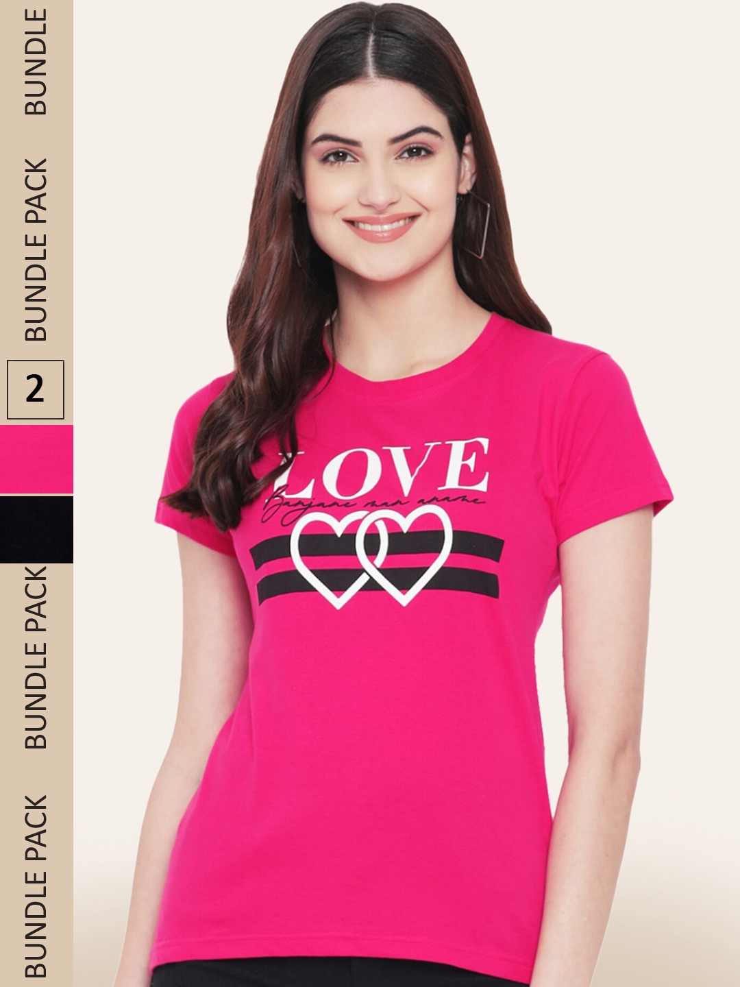 

BAESD Pack of 2 Typography Printed Cotton T-shirts, Fuchsia