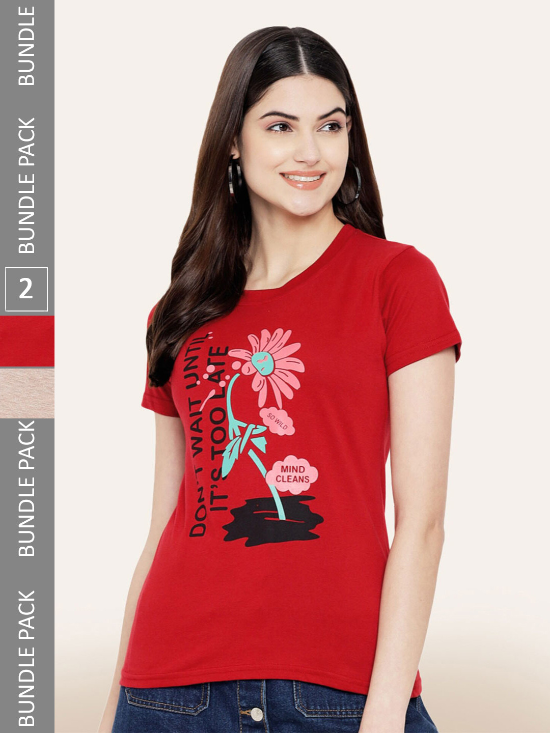 

BAESD Women Pack Of 2 Printed Cotton T-shirt, Red