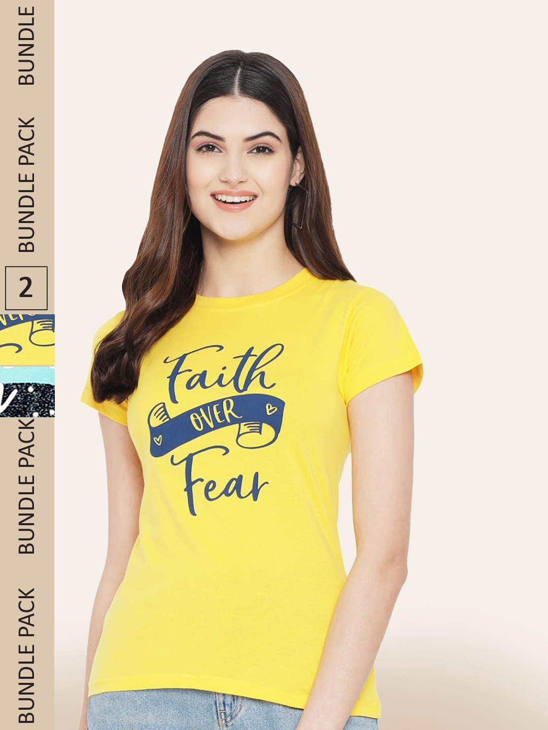 BAESD Women Pack Of 2 Printed Cotton T-shirt, Yellow