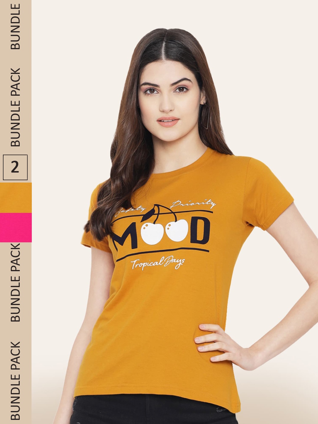 

BAESD Pack Of 2 Typography Printed Cotton T-shirt, Mustard