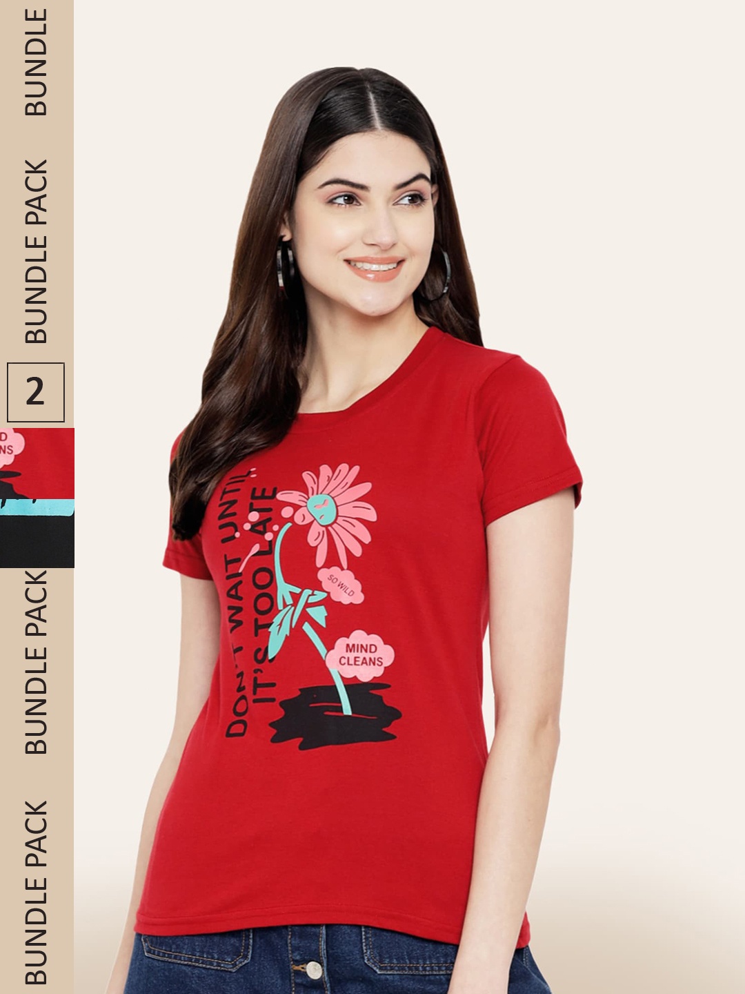 

BAESD Pack Of 2 Printed Round Neck Cotton T-Shirts, Red