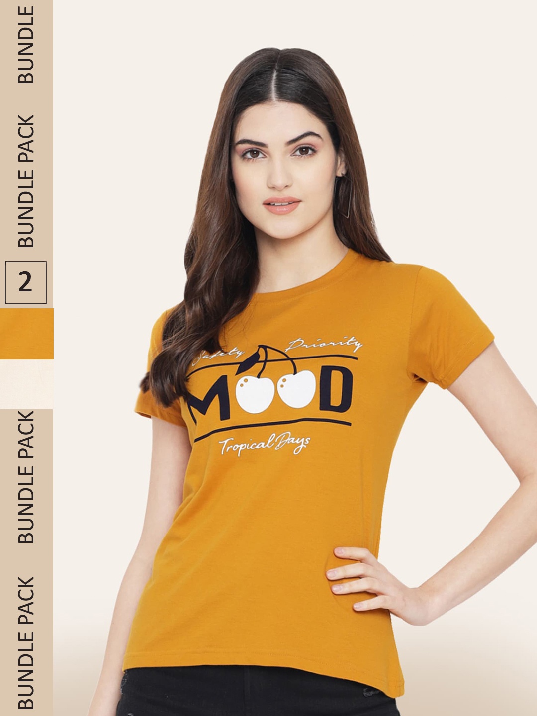 

BAESD Women Pack Of 2 Typography Printed Cotton T-shirt, Mustard