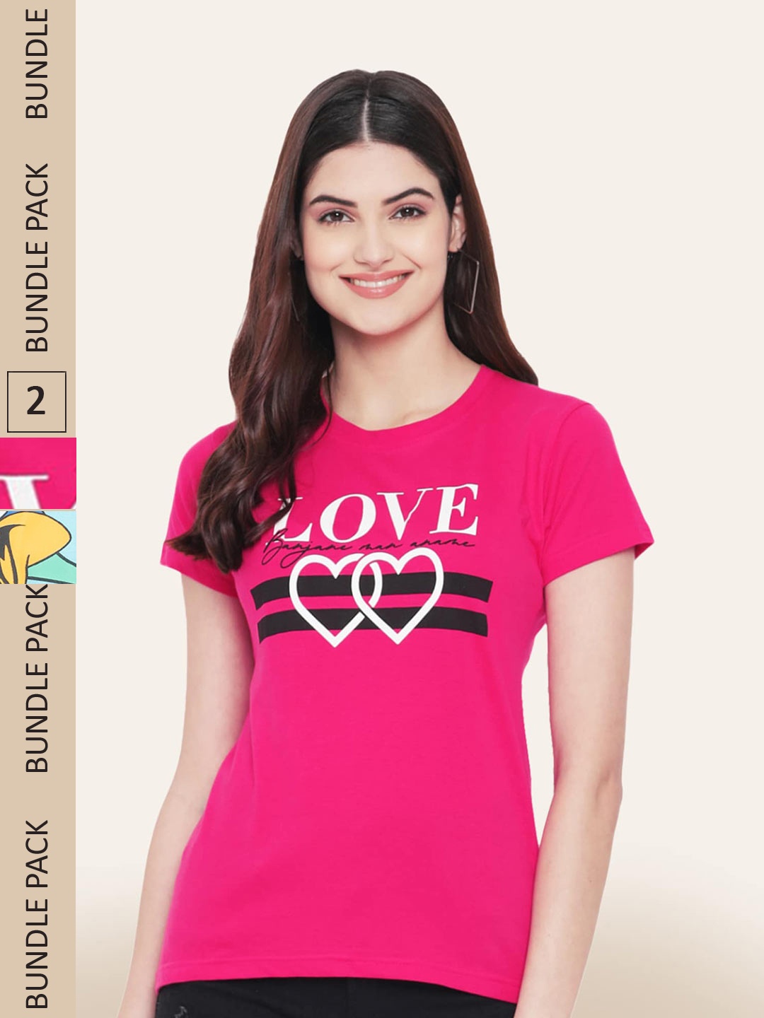 BAESD Women Pack Of 2 Printed Cotton T-shirt, Pink