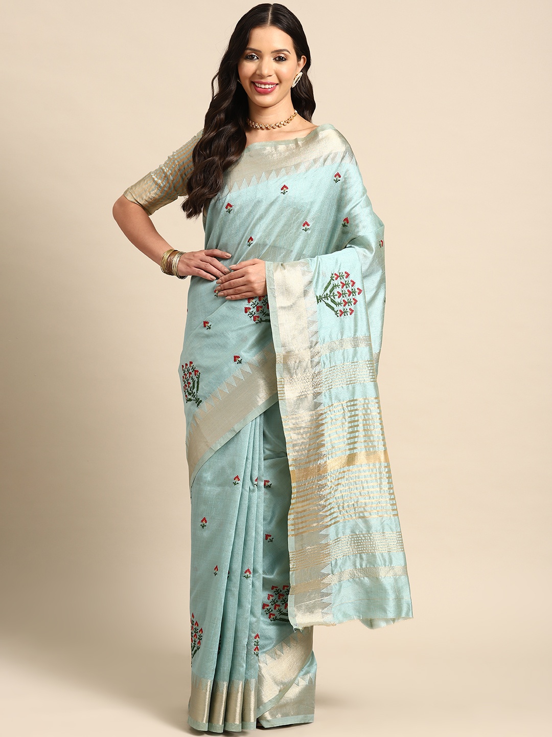 

Mitera Woven Design Embroidered Assam Cotton Silk Banarasi Saree, Blue