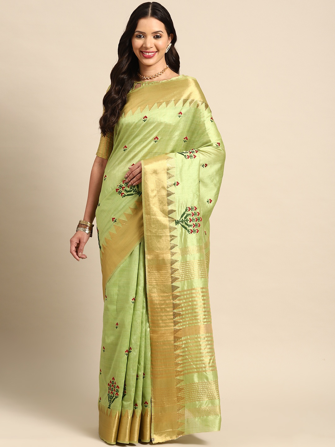 

Mitera Woven Design Embroidered Assam Silk Banarasi Saree, Green