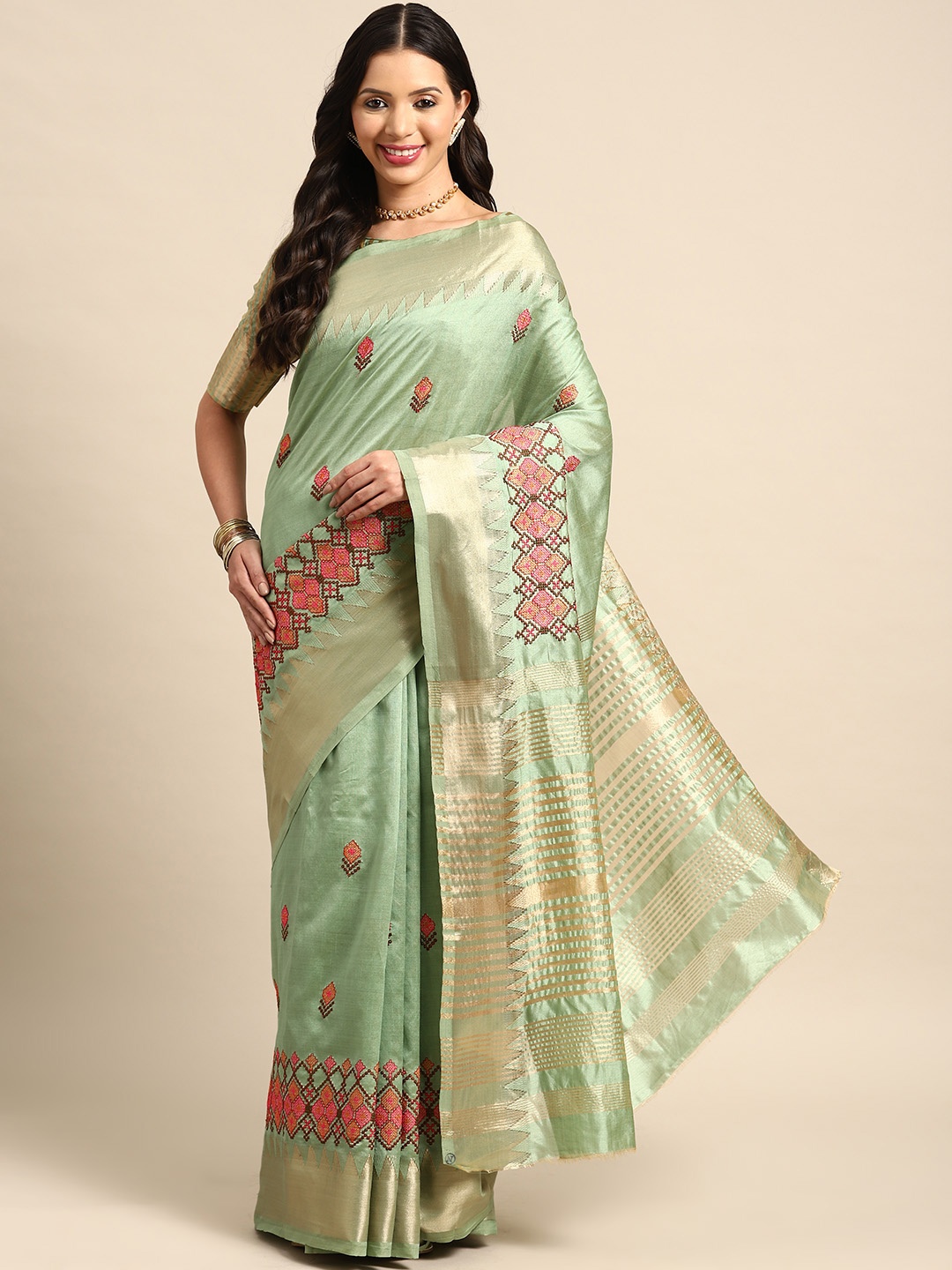 

Mitera Woven Design Embroidered Assam Cotton Silk Banarasi Saree, Green