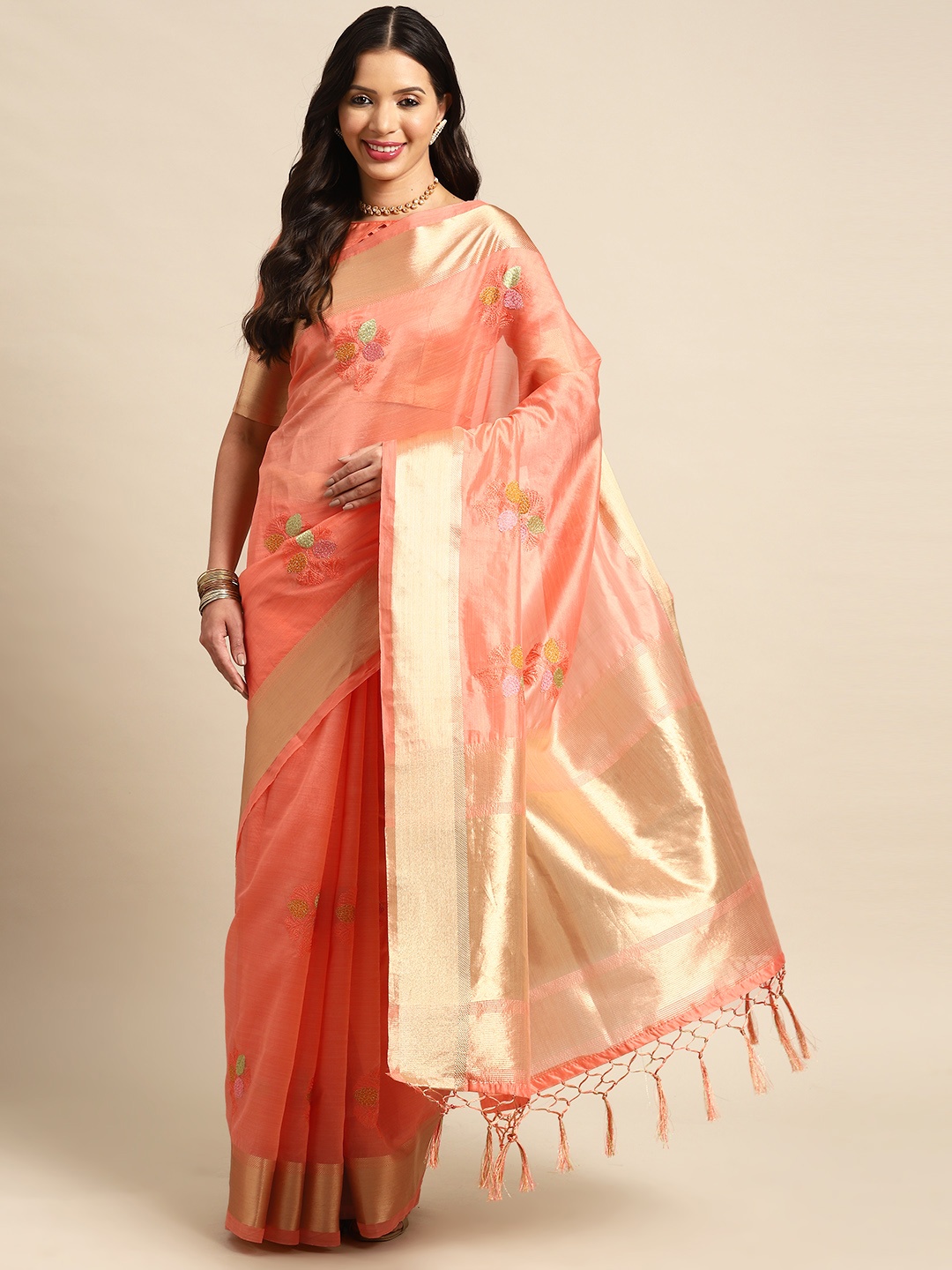 

Mitera Floral Embroidered Jamdani Saree, Peach