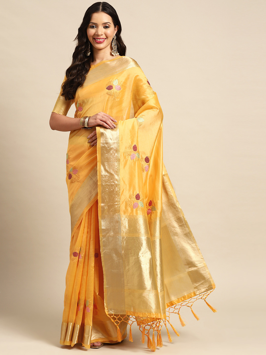

Mitera Floral Embroidered Silk Cotton Jamdani Saree, Yellow
