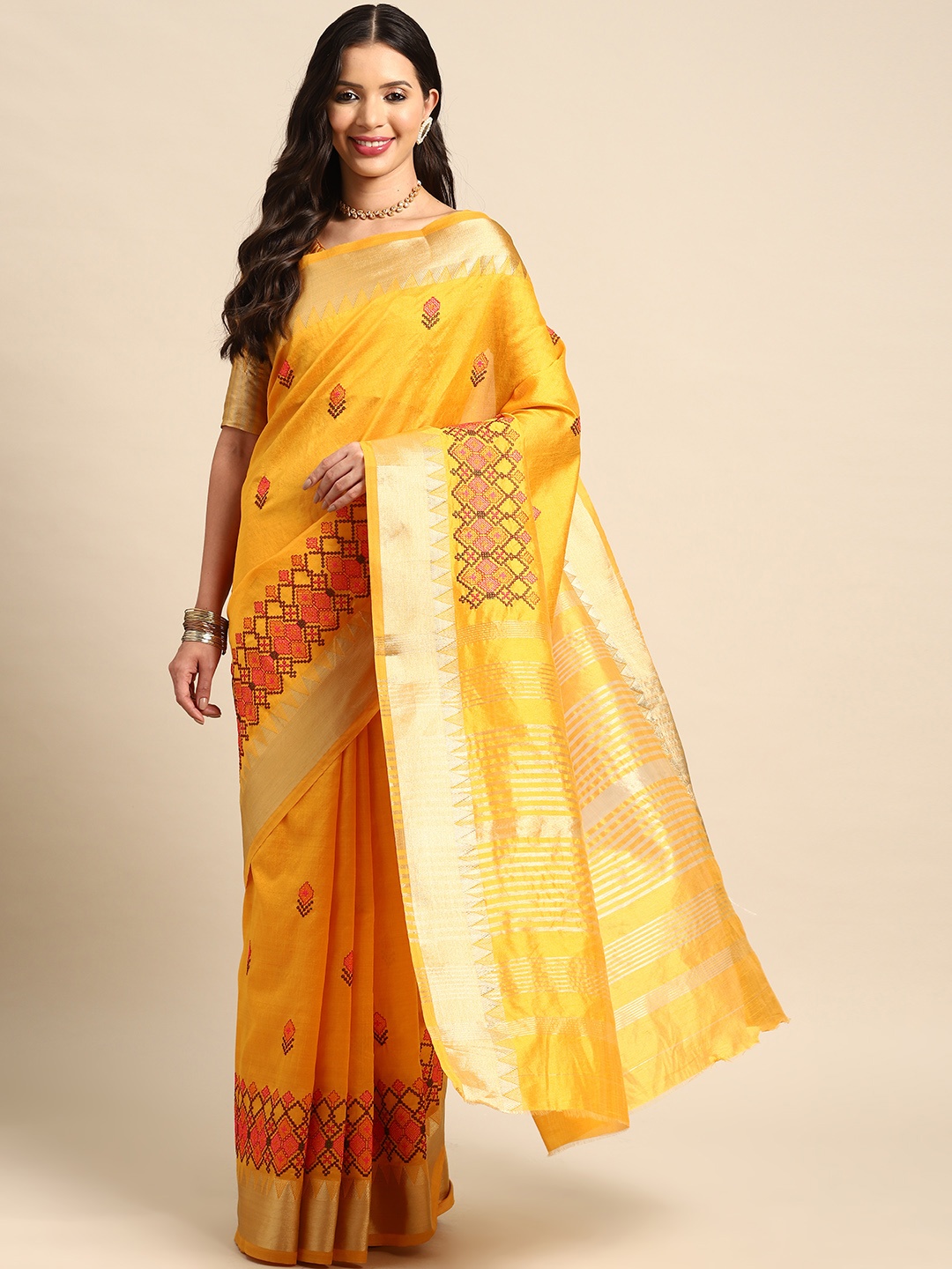 

Mitera Woven Design Embroidered Assam Cotton Silk Banarasi Saree, Yellow