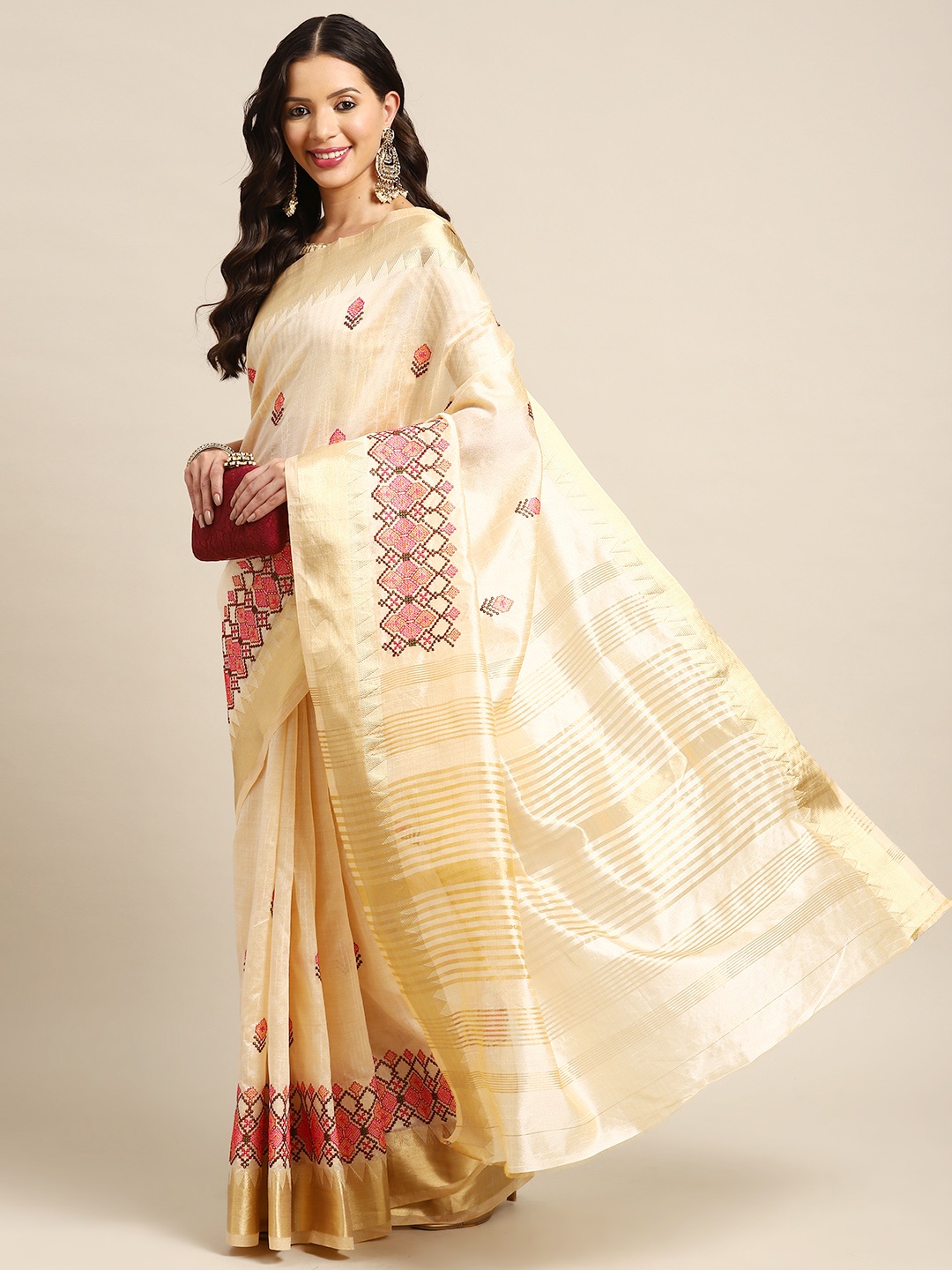 

Mitera Woven Design Embroidered Assam Cotton Silk Banarasi Saree, Cream