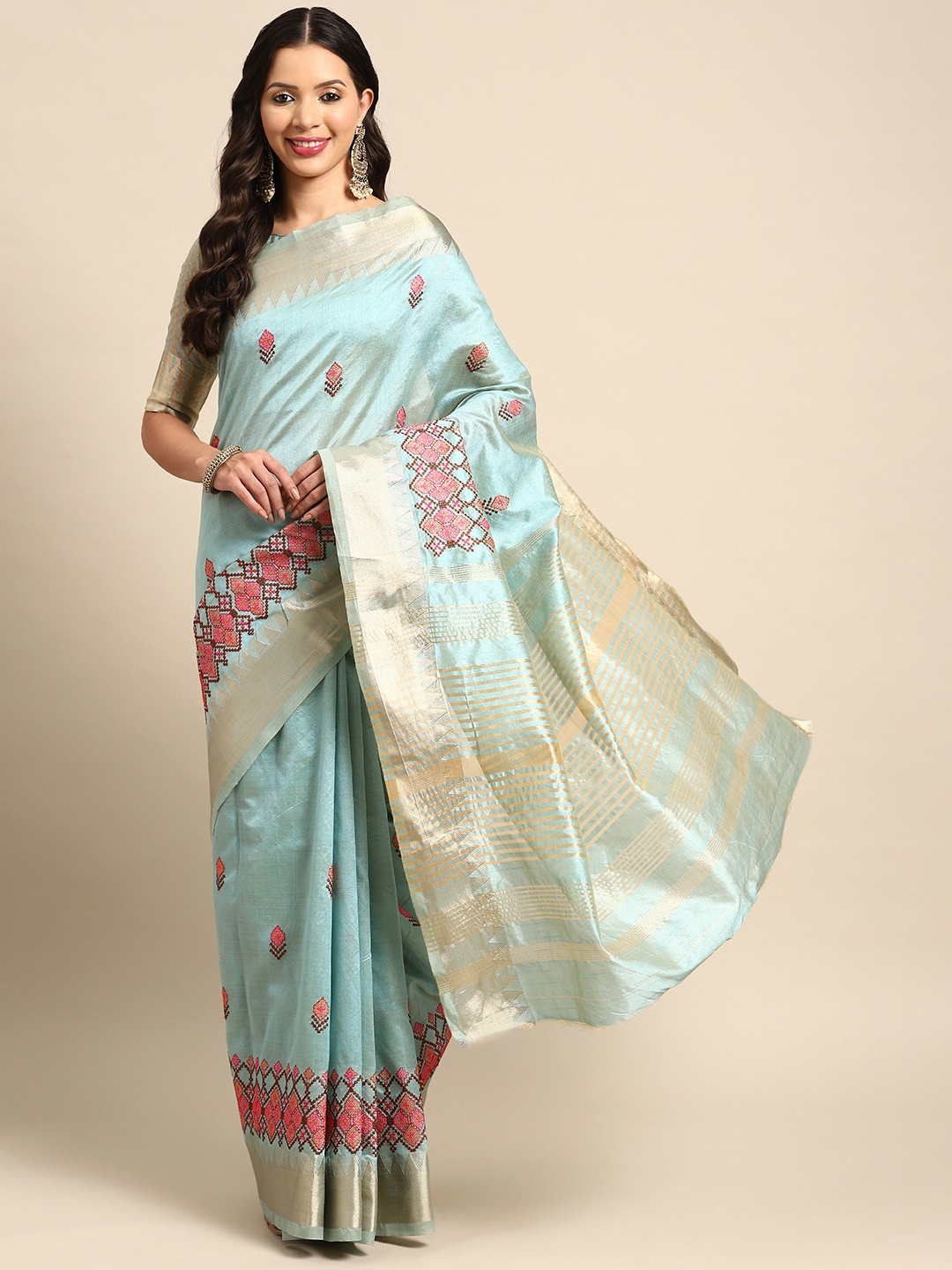 

Mitera Woven Design Embroidered Assam Cotton Silk Banarasi Saree, Turquoise blue