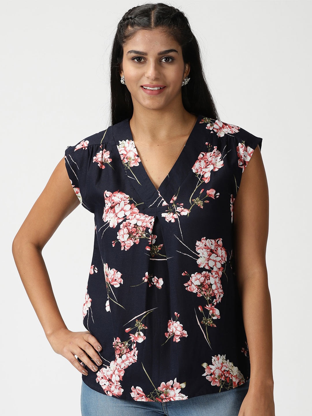 

Saffron Threads Floral Printed V-Neck Top, Navy blue