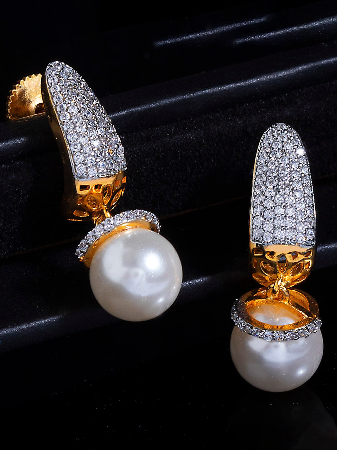 

Alamod Gold Plated Contemporary Cubic Zirconia Studded Drop Earrings