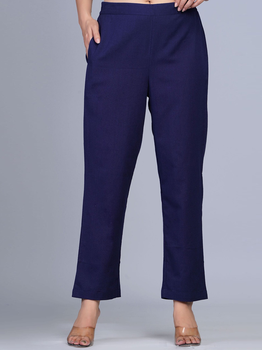 

The Kurta Express Women Mid-Rise Pleated Cotton Trousers, Navy blue