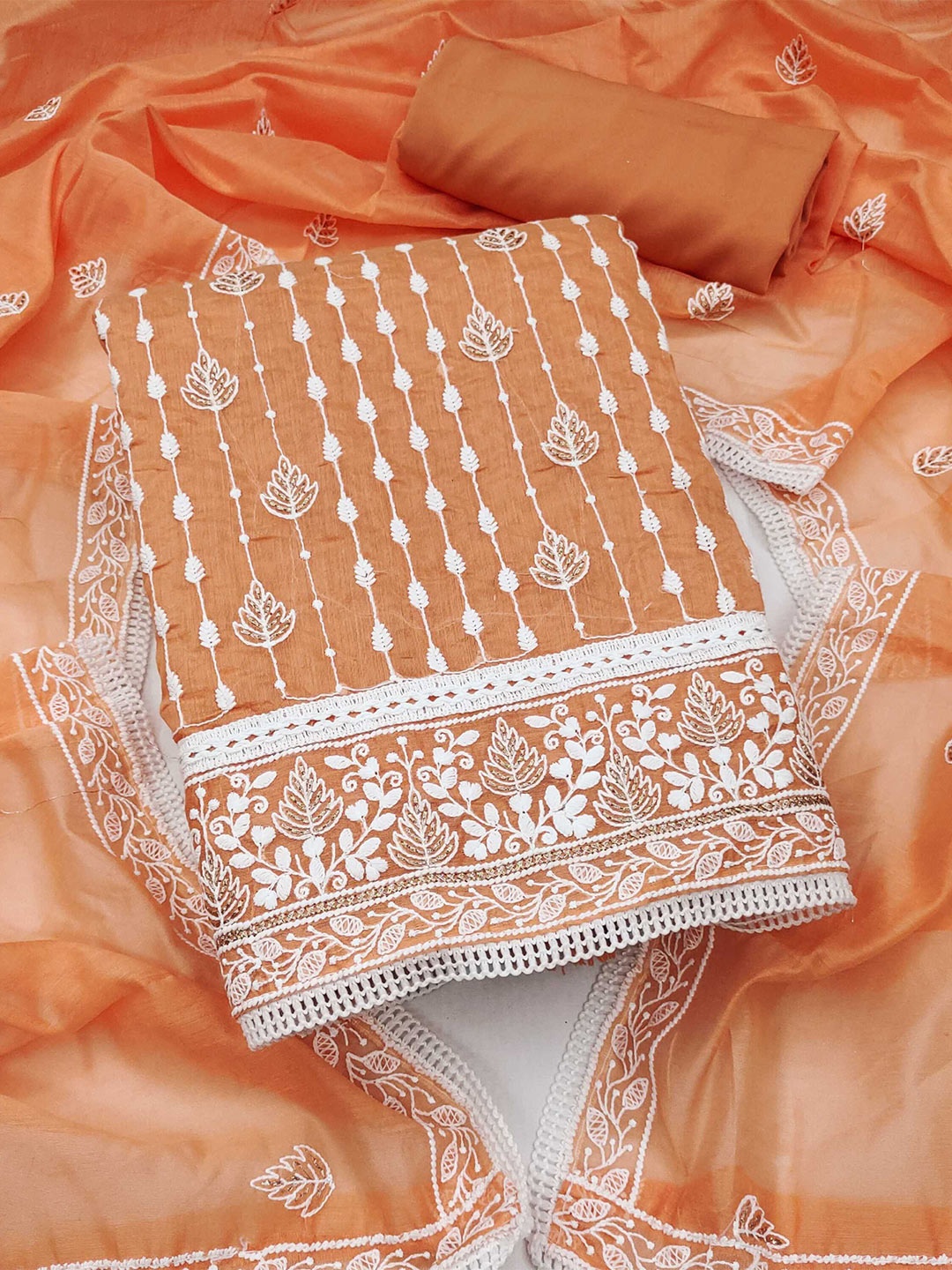 

KALINI Embroidered Art Silk Unstitched Dress Material, Orange