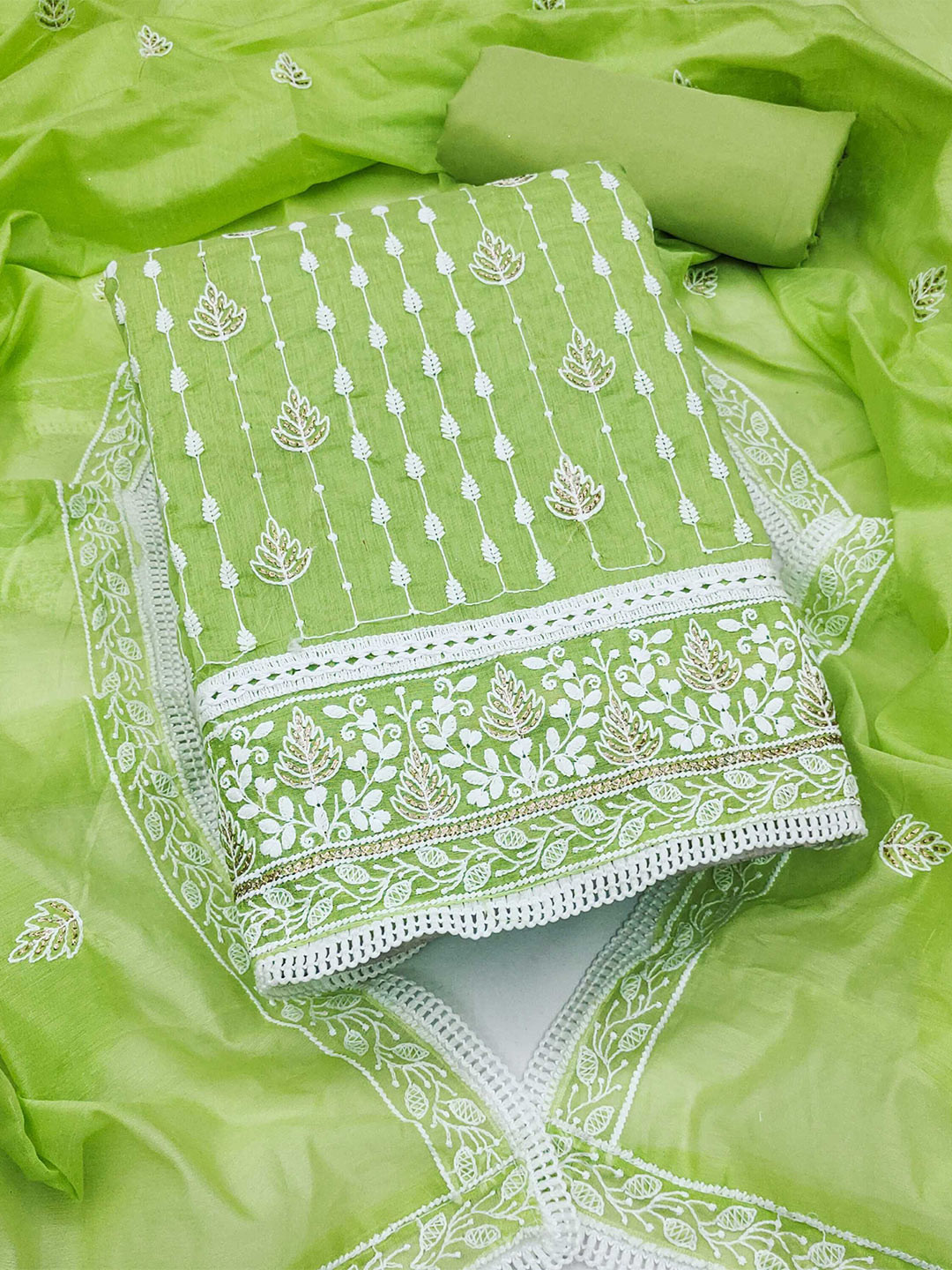 

KALINI Floral Embroidered Art Silk Unstitched Dress Material, Green