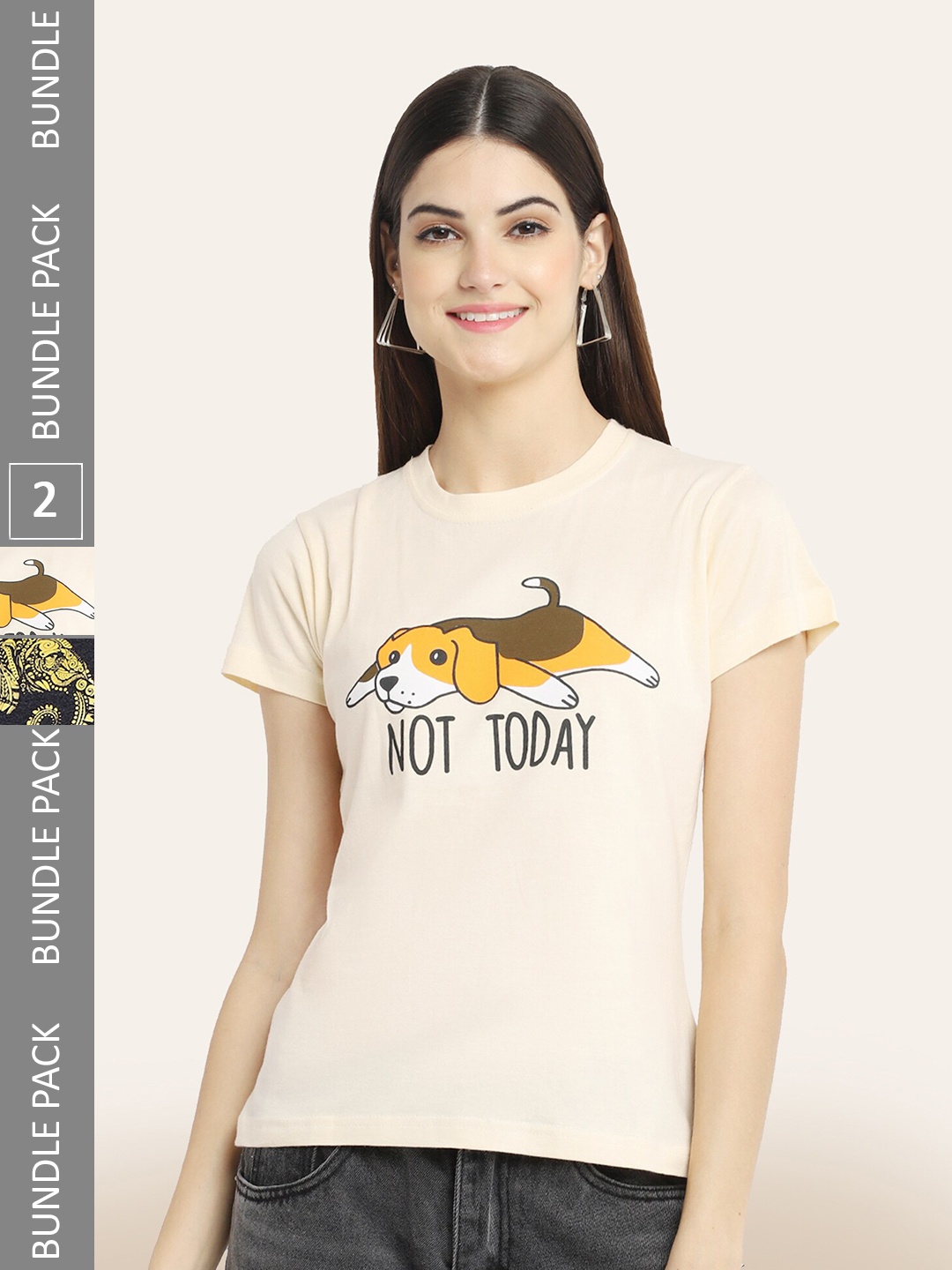 BAESD Pack Of 2 Graphic Printed Cotton T-shirts, Cream