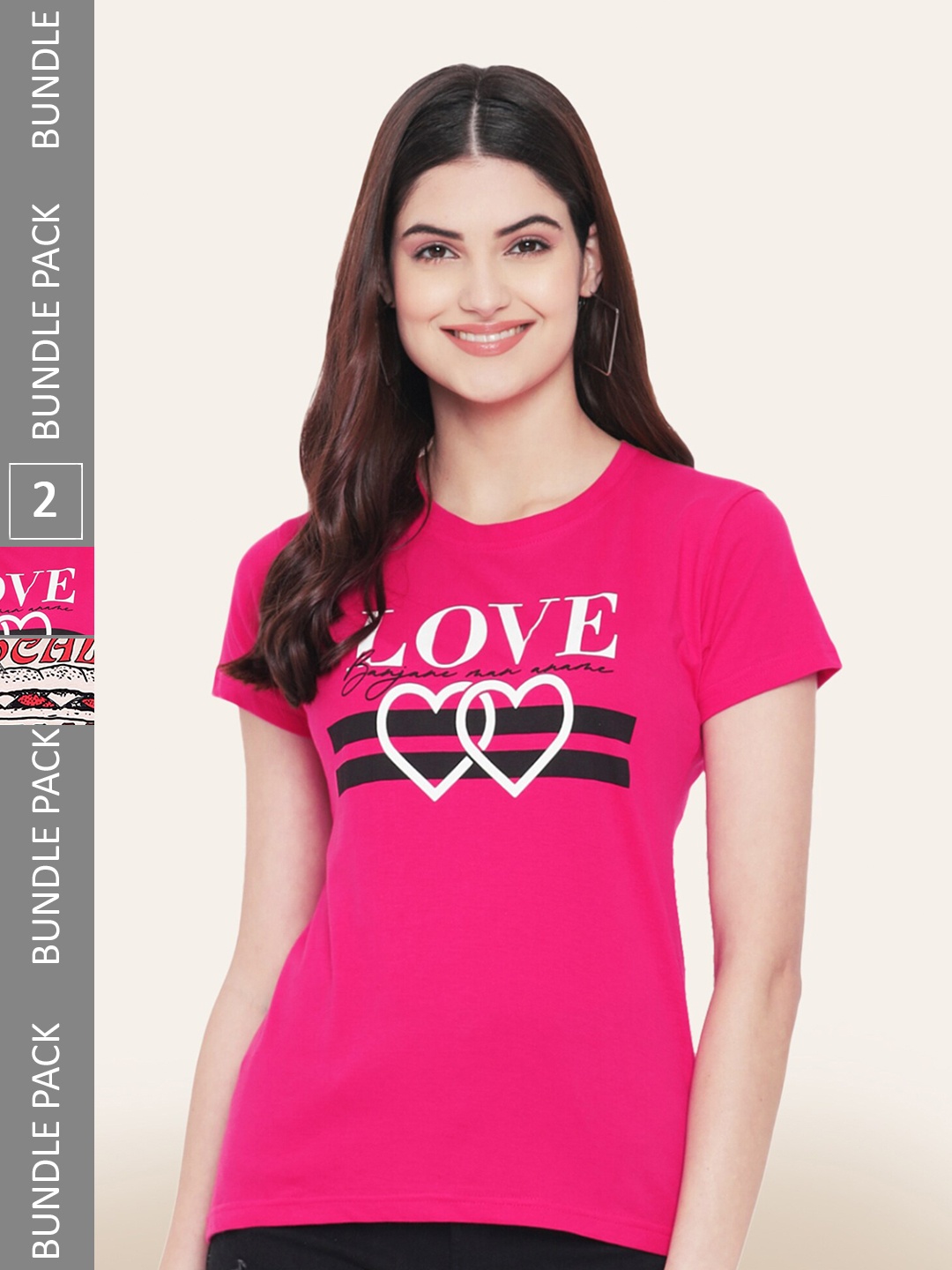 

BAESD Women Pack of 2 Printed Cotton T-shirts, Pink