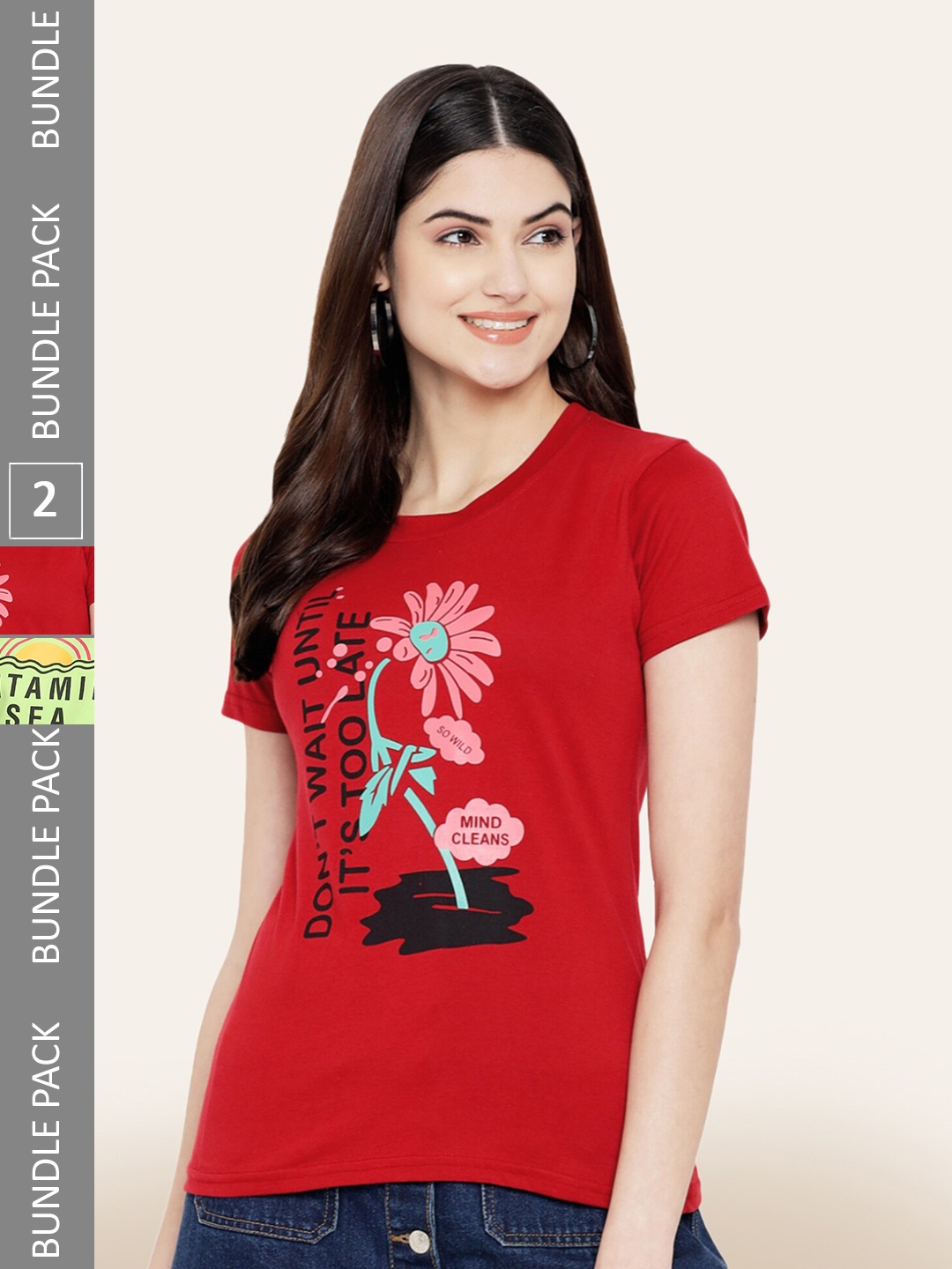 

BAESD Women Pack of 2 Printed Cotton T-shirts, Red