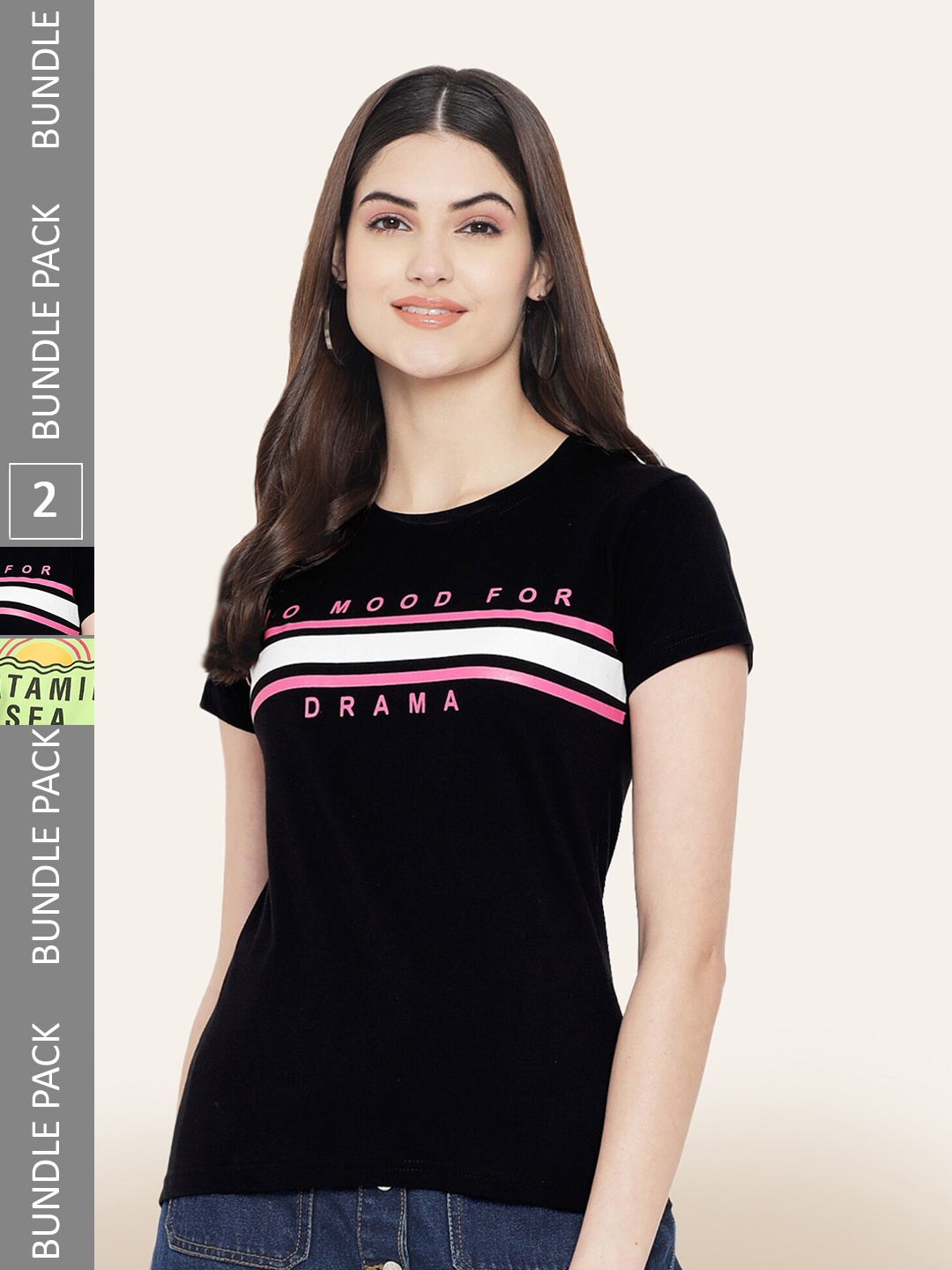 BAESD Women Pack of 2 Printed Cotton T-shirts, Black