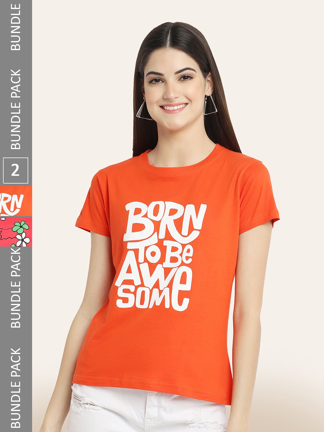 

BAESD Women Pack Of 2 Printed Cotton T-shirt, Orange