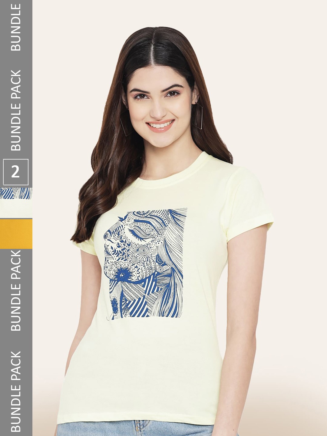 

BAESD Women Pack of 2 Printed Cotton T-shirts, Yellow