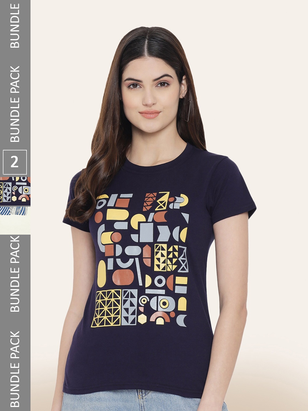 

BAESD Pack Of 2 Printed Cotton T-shirt, Navy blue