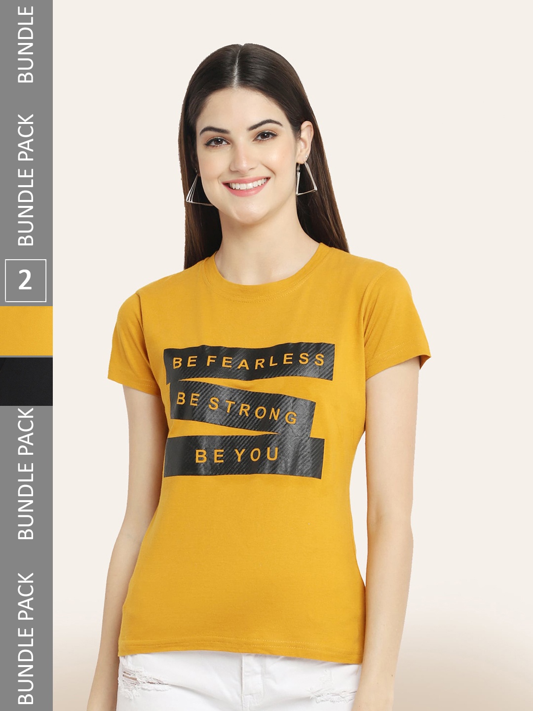 

BAESD Pack Of 2 Printed Cotton T-shirt, Mustard