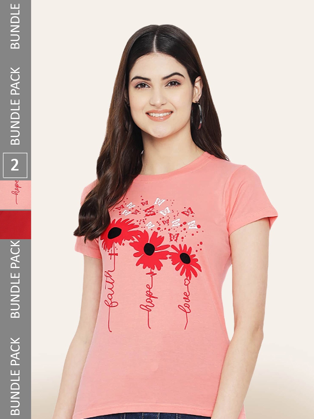 

BAESD Pack Of 2 Printed Round Neck Cotton T-Shirts, Peach