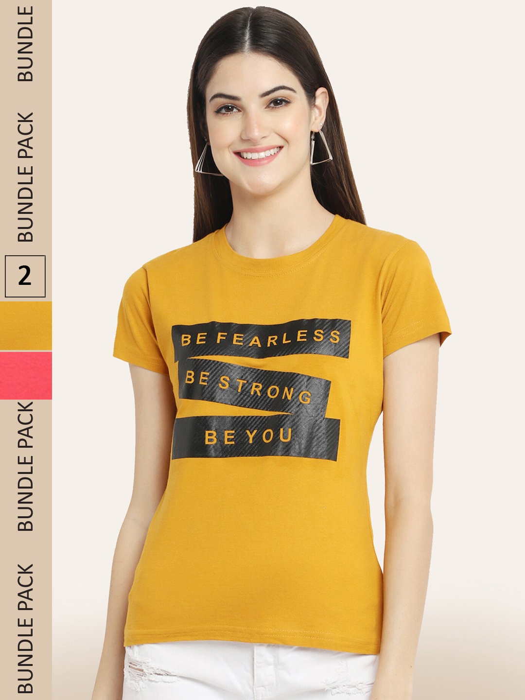 

BAESD Pack Of 2 Round Neck Printed Cotton T-shirt, Mustard