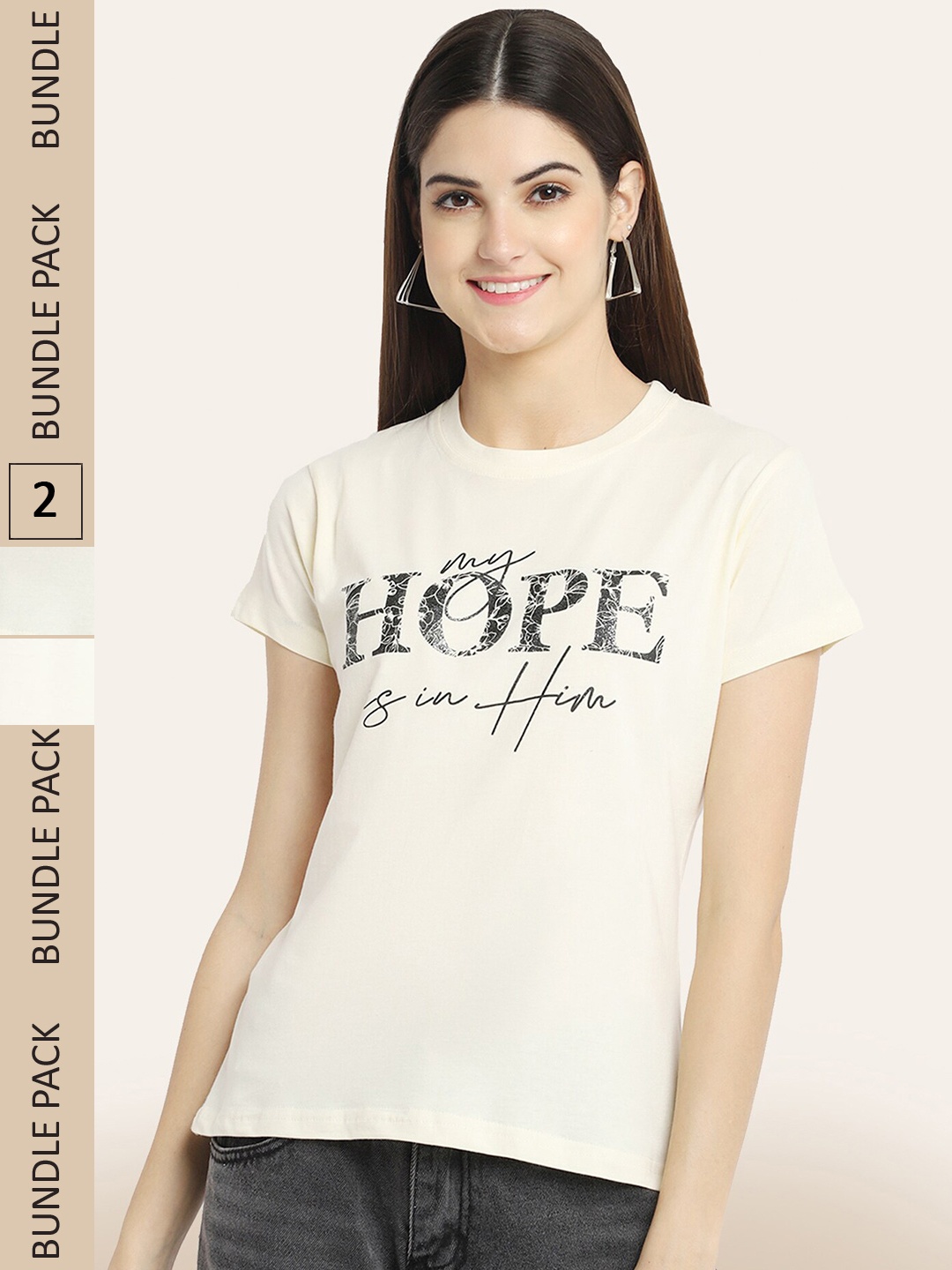 BAESD Pack of 2 Typography Printed Cotton T-shirt, Beige
