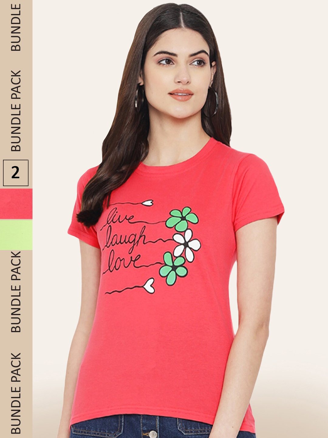 

BAESD Pack of 2 Typography Printed Cotton T-shirts, Coral