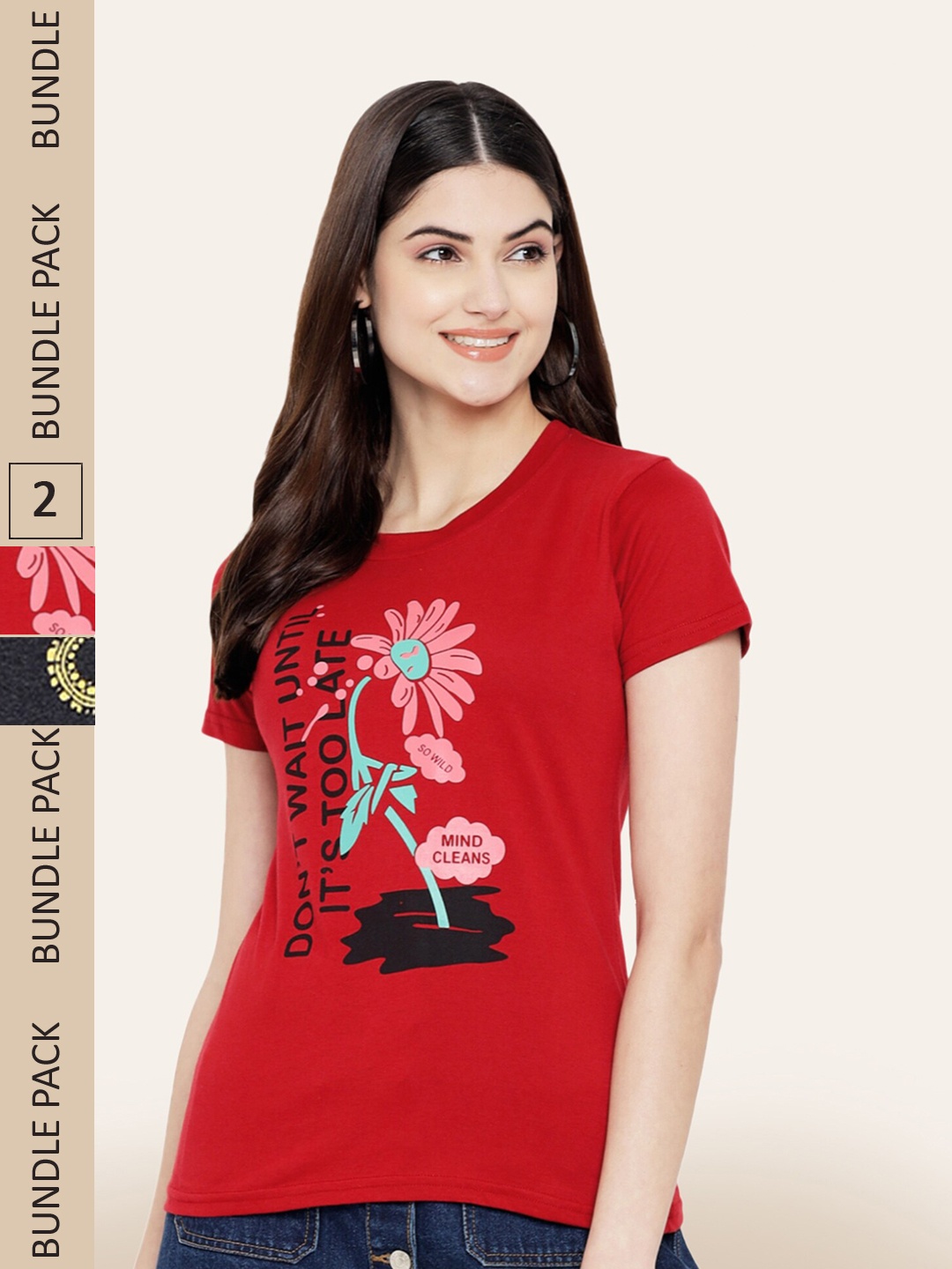 

BAESD Women Pack Of 2 Printed Cotton T-shirt, Red
