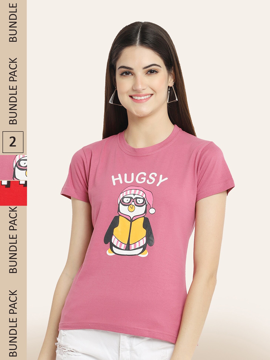 

BAESD Pack Of 2 Printed Cotton T-shirt, Pink