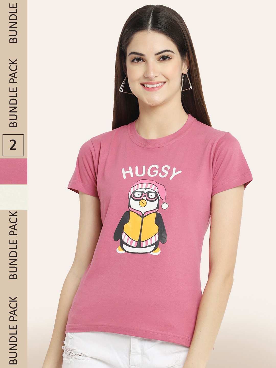 

BAESD Women Pack of 2 Printed Cotton T-shirts, Pink