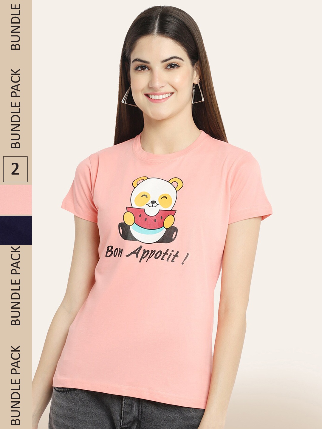 

BAESD Women Pack of 2 Printed Cotton T-shirts, Pink