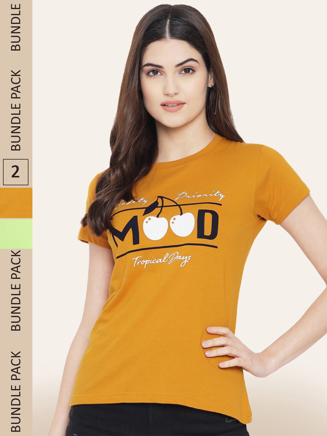 

BAESD Pack Of 2 Typography Printed Round Neck Cotton T-shirt, Mustard