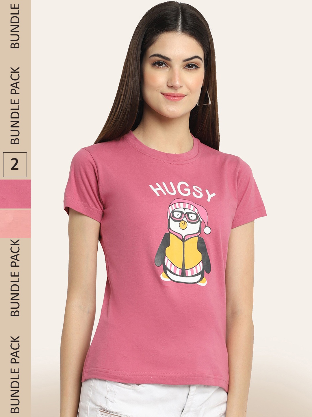 

BAESD Pack Of 2 Typography Printed Round Neck Cotton T-shirt, Pink