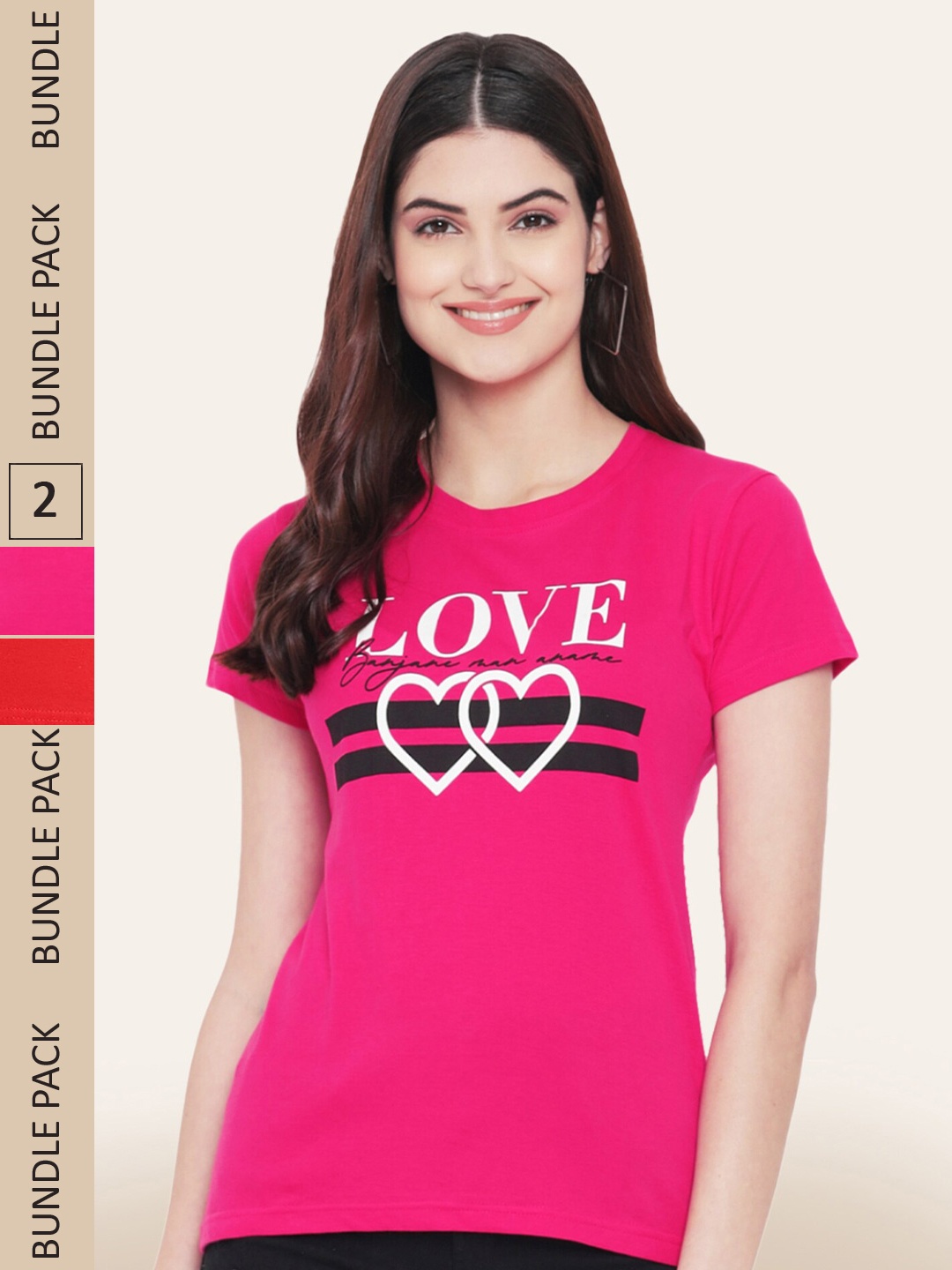BAESD Women Pack Of 2 Printed Cotton T-shirt, Pink