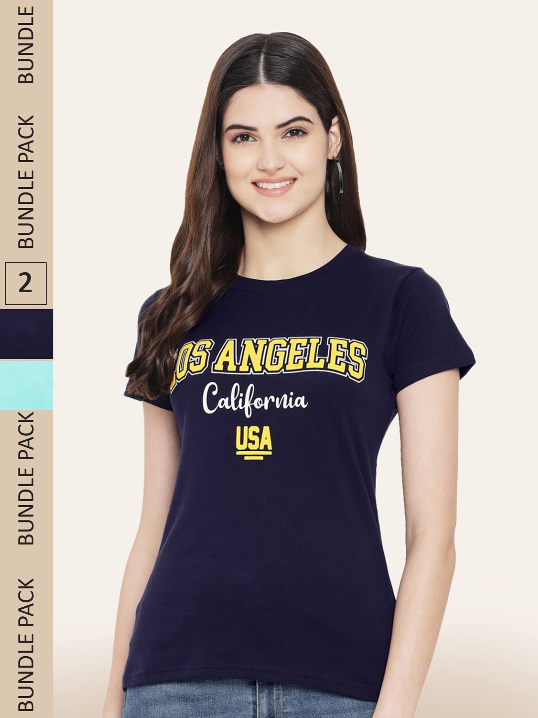 

BAESD Pack of 2 Typography Printed Cotton T-shirts, Navy blue