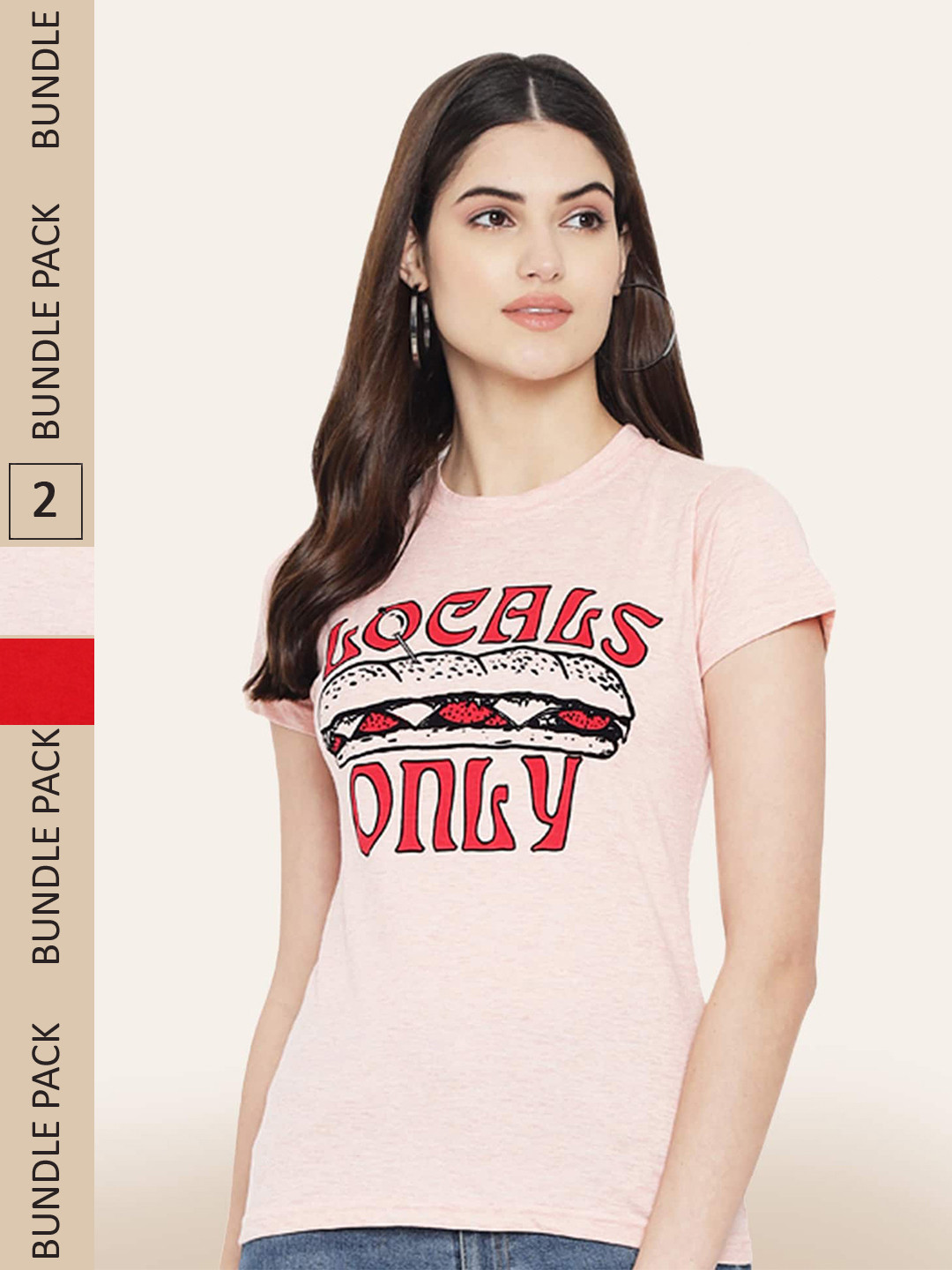 

BAESD Pack Of 2 Round Neck Printed Cotton T-shirt, Peach