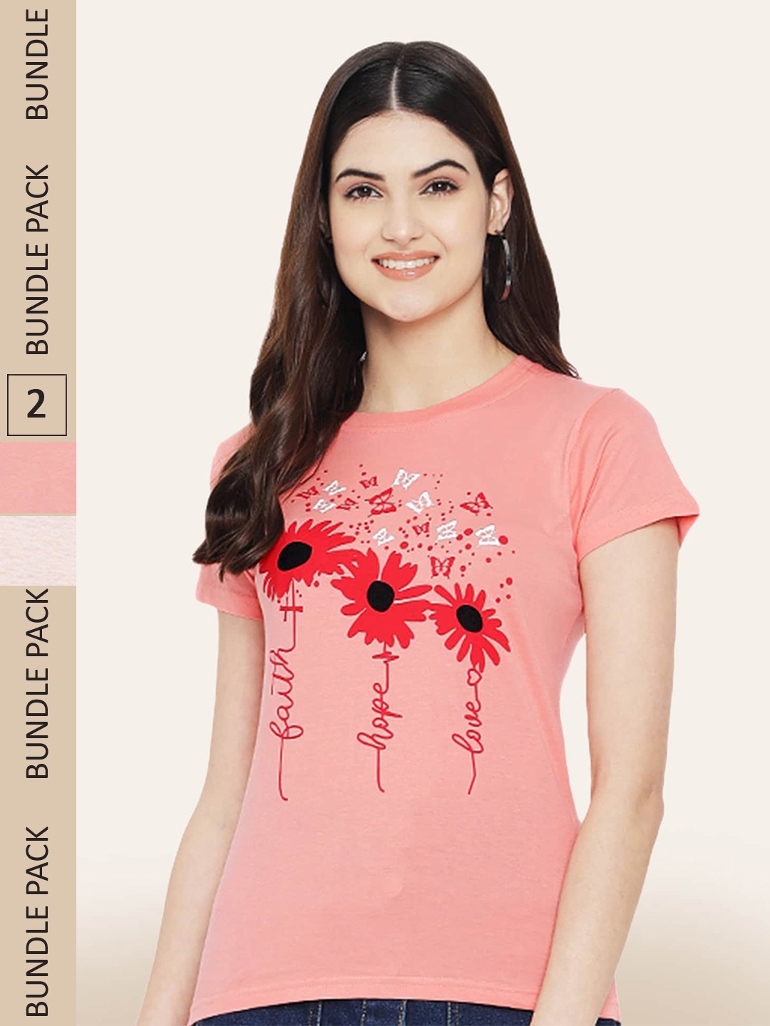 

BAESD Pack Of 2 Floral Printed Cotton T-shirt, Peach