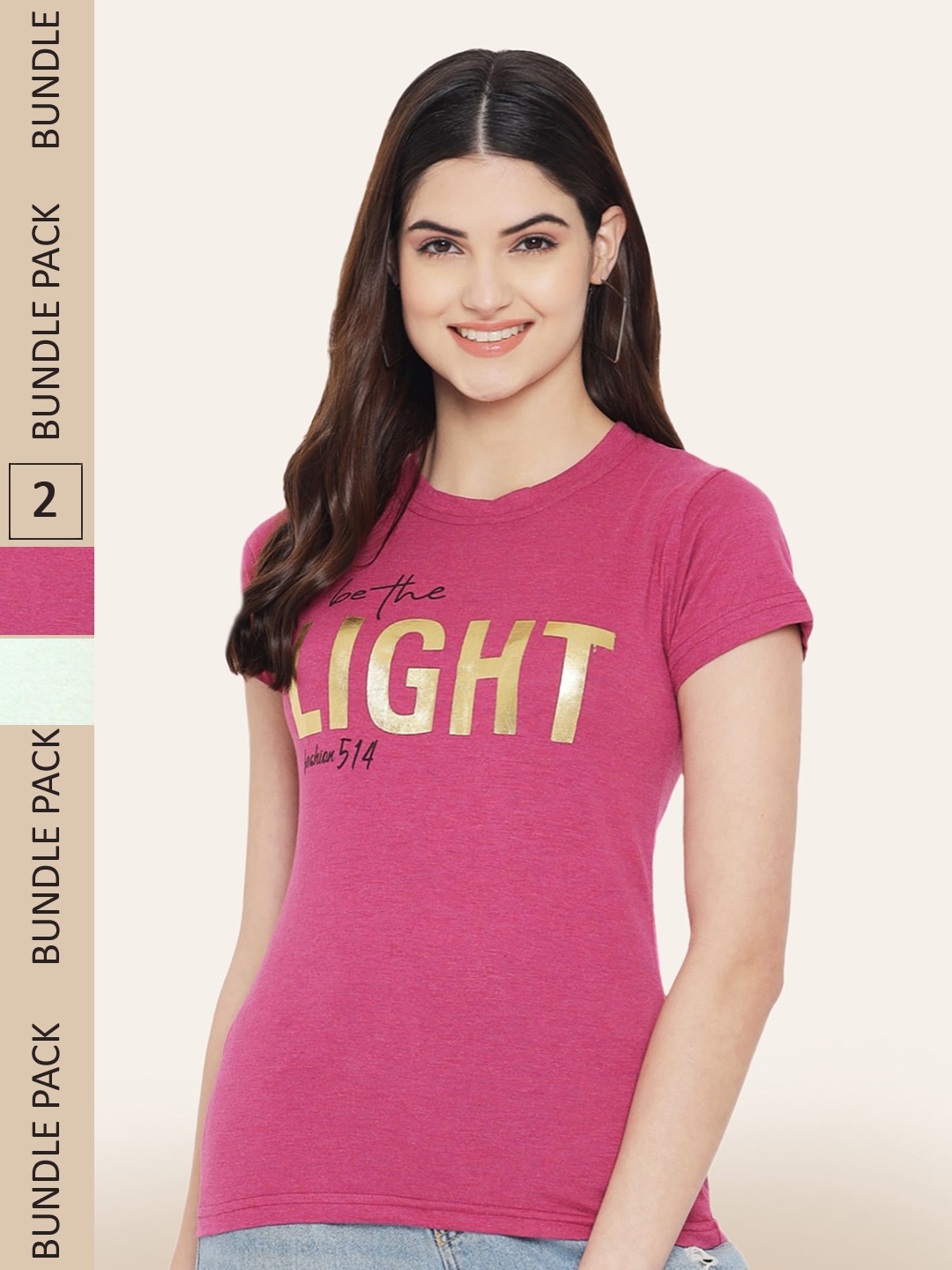 

BAESD Women Pack Of 2 Typography Printed Cotton T-shirt, Magenta