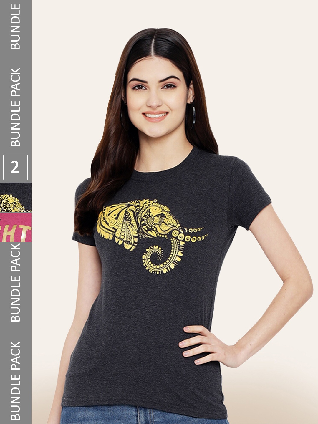 

BAESD Pack Of 2 Printed Cotton T-shirt, Charcoal
