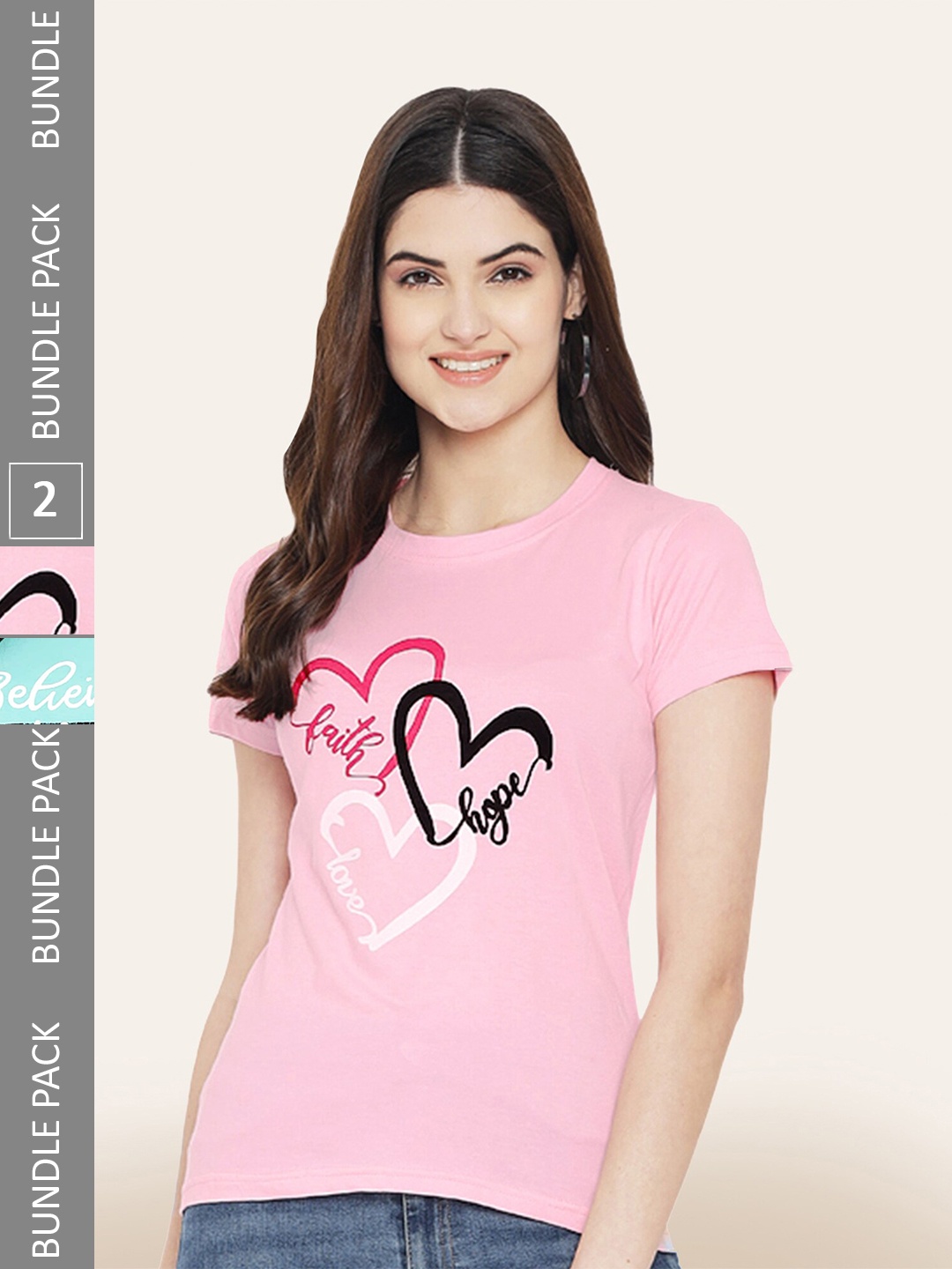 

BAESD Women Pack of 2 Printed Cotton T-shirts, Pink