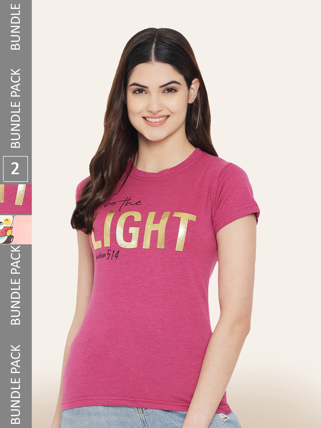 

BAESD Pack of 2 Typography Printed Cotton T-shirts, Pink