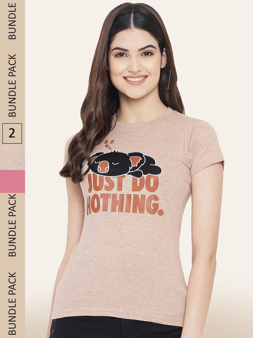 

BAESD Pack Of 2 Printed Round Neck Cotton T-Shirts, Beige